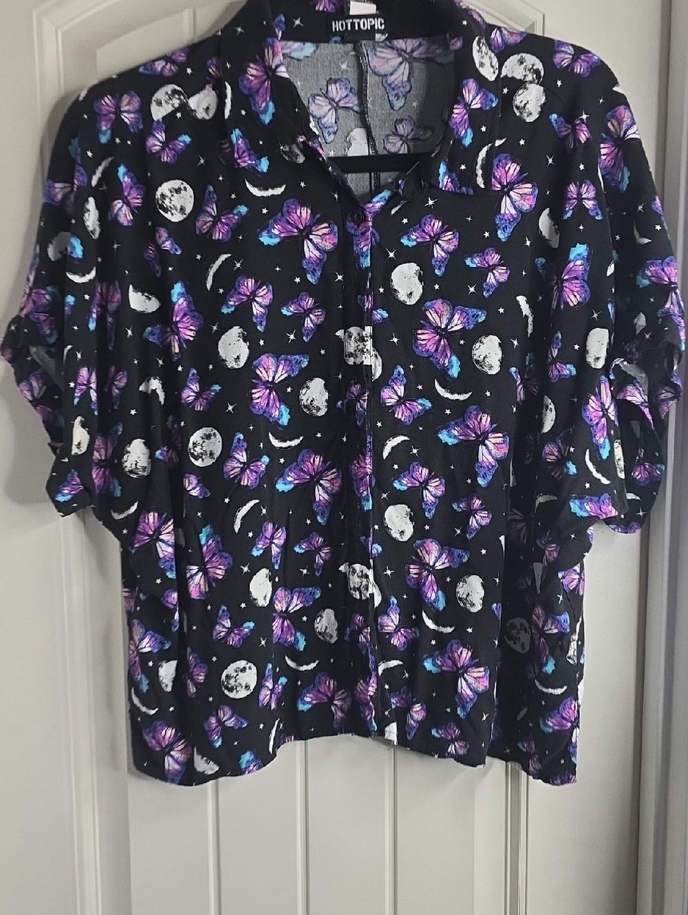 Hot Topic Black Shirt with Purple and Blue Butterfly & Moon Print